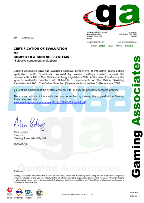 ใบรับรองของ Fun88