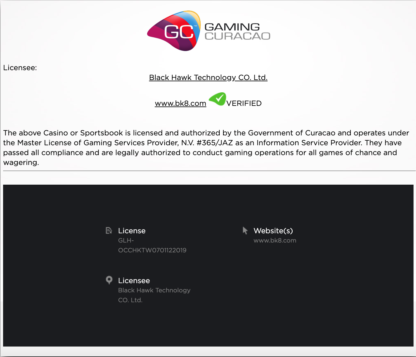 ใบรับรองของเว็บพนันสุดแรงอย่าง BK8 พร้อมเล่นอย่างถูกกฎหมาย