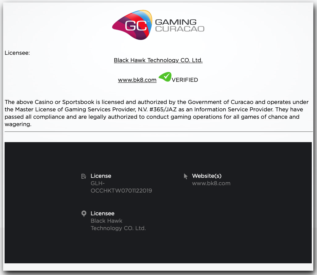 ใบรับรองเว็บพนันถูกกฎหมายของ BK8